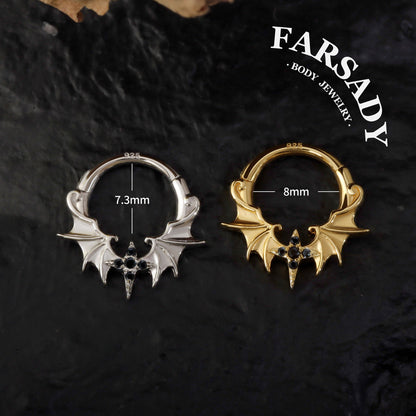 Obsidian Wing - 925 Silver CZ Hinged Clicker Hoop / Fits 16G Septum Ring Helix Conch Daith Earring