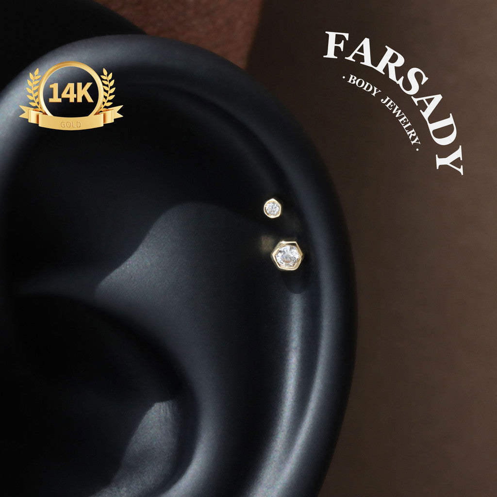 Dual Hexa - Solid 14K Gold Threadless Stud / Fits Cartilage Helix Tragus Lobe Nostril Piercing