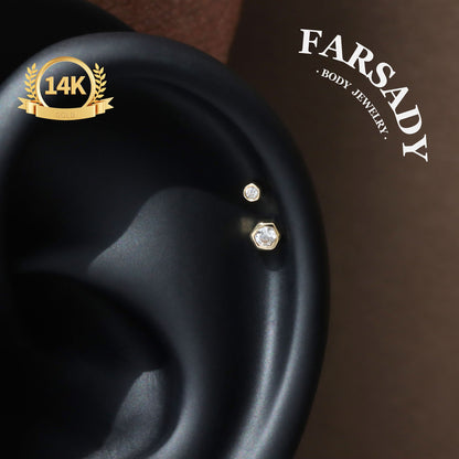 Dual Hexa - Solid 14K Gold Threadless Stud / Fits Cartilage Helix Tragus Lobe Nostril Piercing