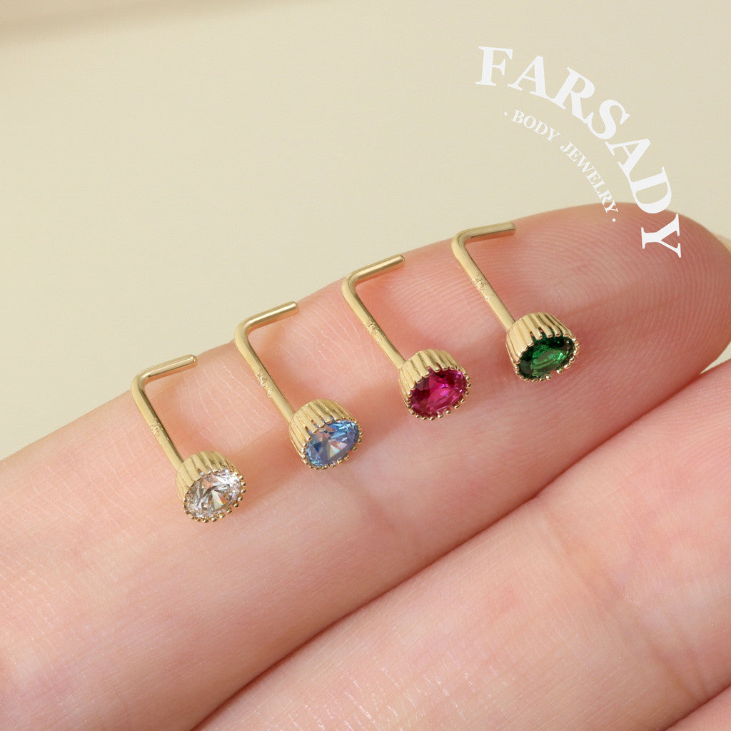 Multi-Color CZ - Solid 14K Gold L-Shape Stud / Fit 20G Nostril Piercing