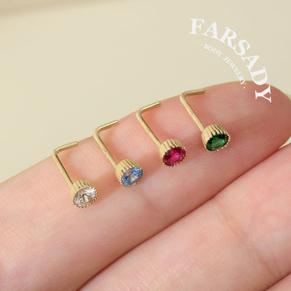 Multi-Color CZ - Solid 14K Gold L-Shape Stud / Fit 20G Nostril Piercing