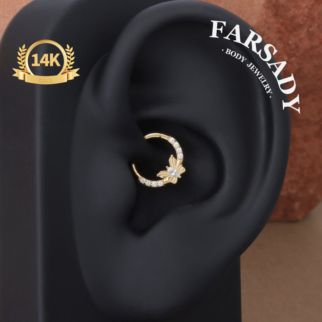 Butterfly Gleam - Solid 14K Gold Hinged Clicker Hoop / Fits 16G Septum Ring Helix Conch Cartilage Earring