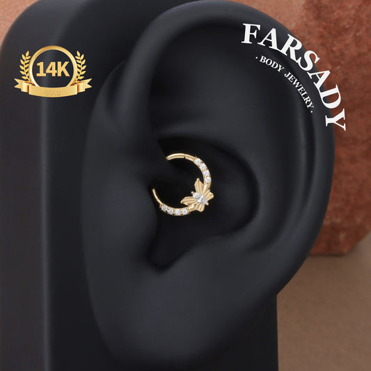 Butterfly Gleam - Solid 14K Gold Hinged Clicker Hoop / Fits 16G Septum Ring Helix Conch Cartilage Earring