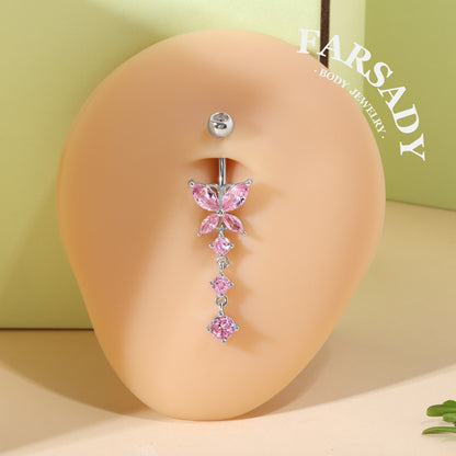 Pink Butterfly Trail - 925 Silver Pink CZ Belly Button Ring / Fits 14G Navel Piercing