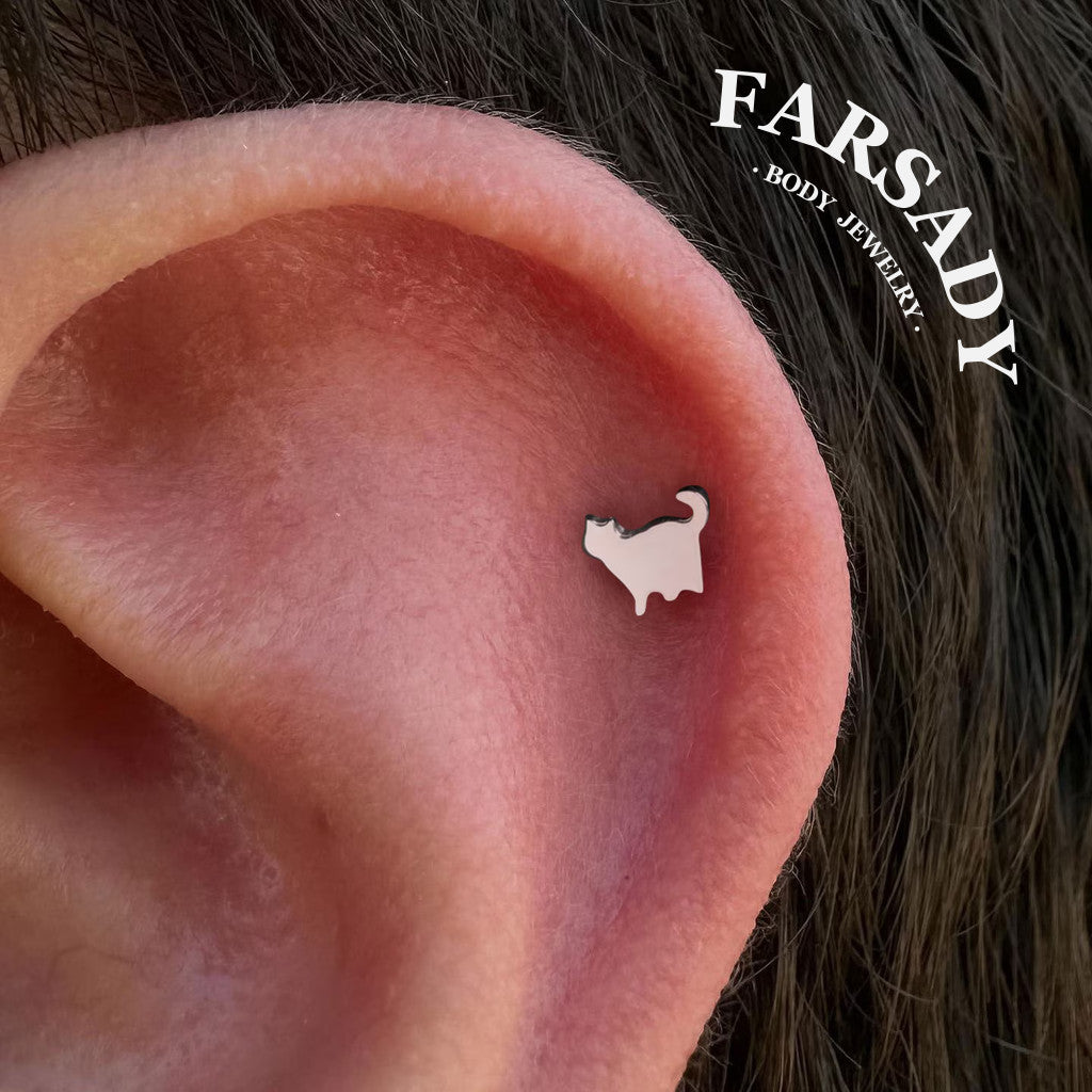 16G 18G Titanium Cute Cat Stud Earring, 1.2*6/8/10mm, Internally Threaded Stud, Flat Back Earring, Cartilage Stud, Tragus Stud, Gift Packaged