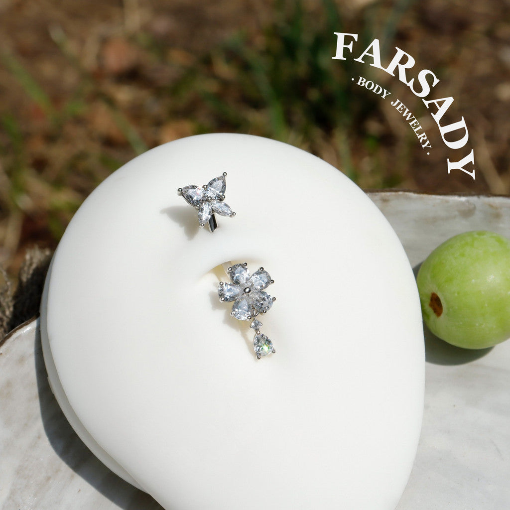 14G Belly Button Ring – 925 Silver 18K Gold Plated| Clear CZ Flower Butterfly Dangle Bar| Hypoallergenic Navel Piercing Jewelry| Waterproof