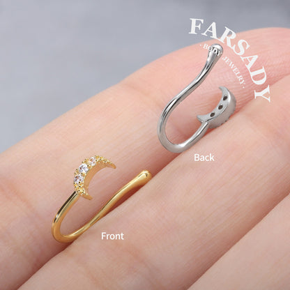 Paved CZ Crescent Moon - 925 Silver Fake Nose Ring / Fit Non-Pierced Nose Ring