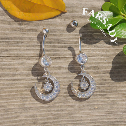 Midnight Orbit - 925 Silver Clear CZ Belly Button Ring / Fits 14G Navel Piercing