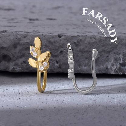 Silver Leaf Sprig - 925 Silver Fake Nose Ring / Fit Non-Pierced Nose Ring