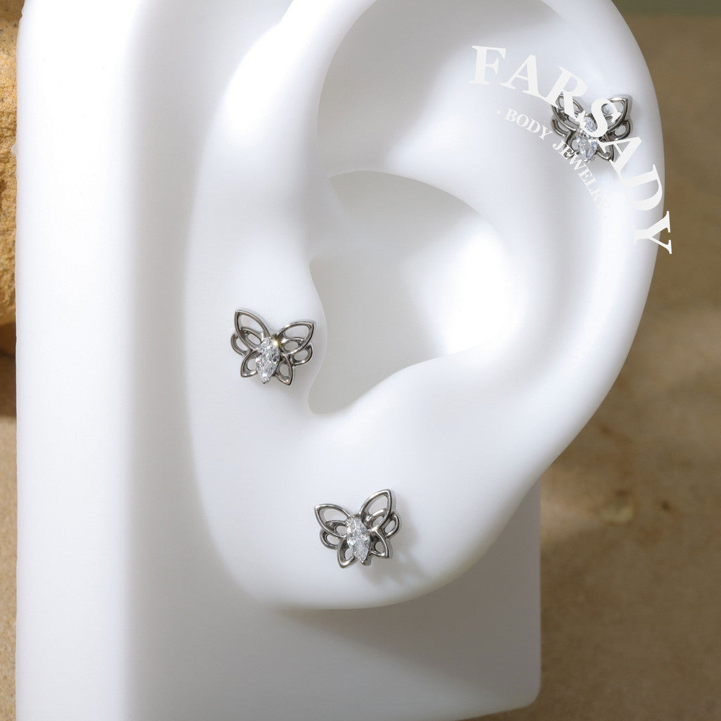 Hollow Butterfly - F136 Titanium Internally Threaded Stud / Fits Cartilage Helix Tragus Lobe Nostril Piercing