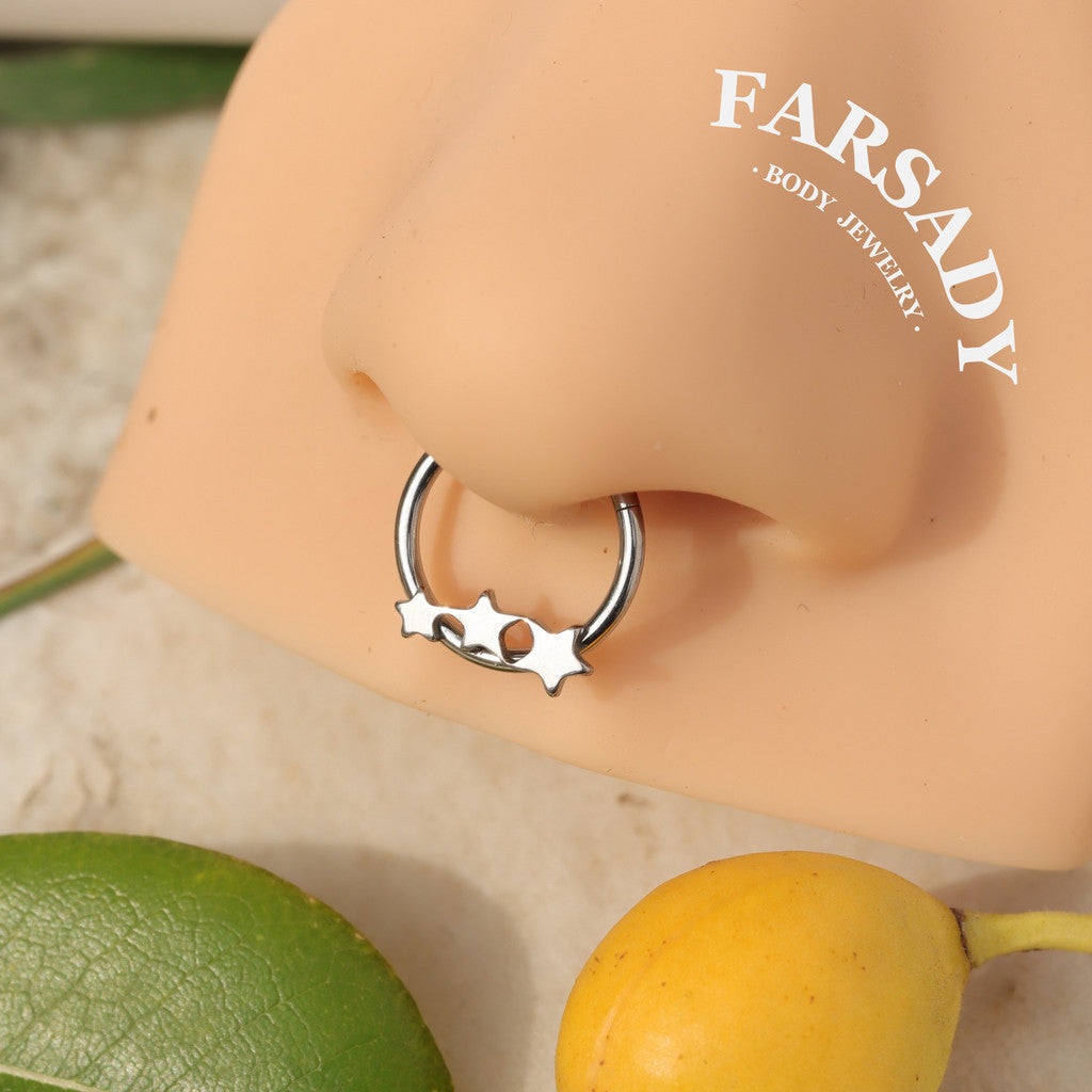 Linked Stars - ASTM F136 Titanium Hinged Clicker Hoop / Fits 16G Septum Ring Helix Conch Cartilage Earring