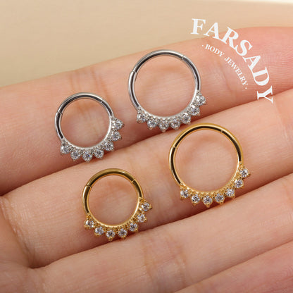 16G 316L Steel Flower CZ Septum Ring, Hinged Septum Hoop, Septum Clicker Gold, Steel Septum Piercing, Septum Jewelry, Cartilage Hoop 1.2*8/10mm