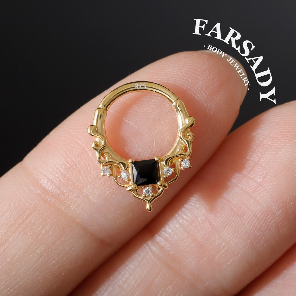 Black CZ Byzantine Design Septum - 925 Sterling Silver Septum Ring| Hinged Segment Clicker| Nose/Helix/Daith/Lobe Clicker | Gold or Silver