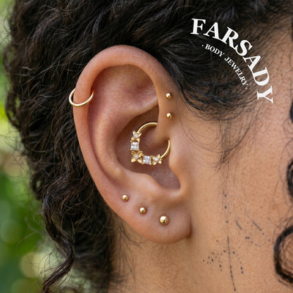 316L Flower Septum Clicker, White CZ Septum Nose Ring, 16G 8mm Daith Hoop Earring, Gold Septum Ring, Silver Helix/ Conch/ Tragus Ring