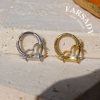 16G Thorn Heart CZ Clicker Daith Earring: Sterling Silver Plated 18K Gold, Alt Fashion Septum Ring, Sharp Spike Helix Tragus Hoop Jewelry