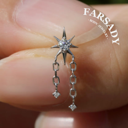 Sterling Silver Star Dangle Helix Earring • Threadless Push In Flat Piercing Jewelry •  S925 Tragus Conch Lobe Cartilage Jewelry • Titanium Back
