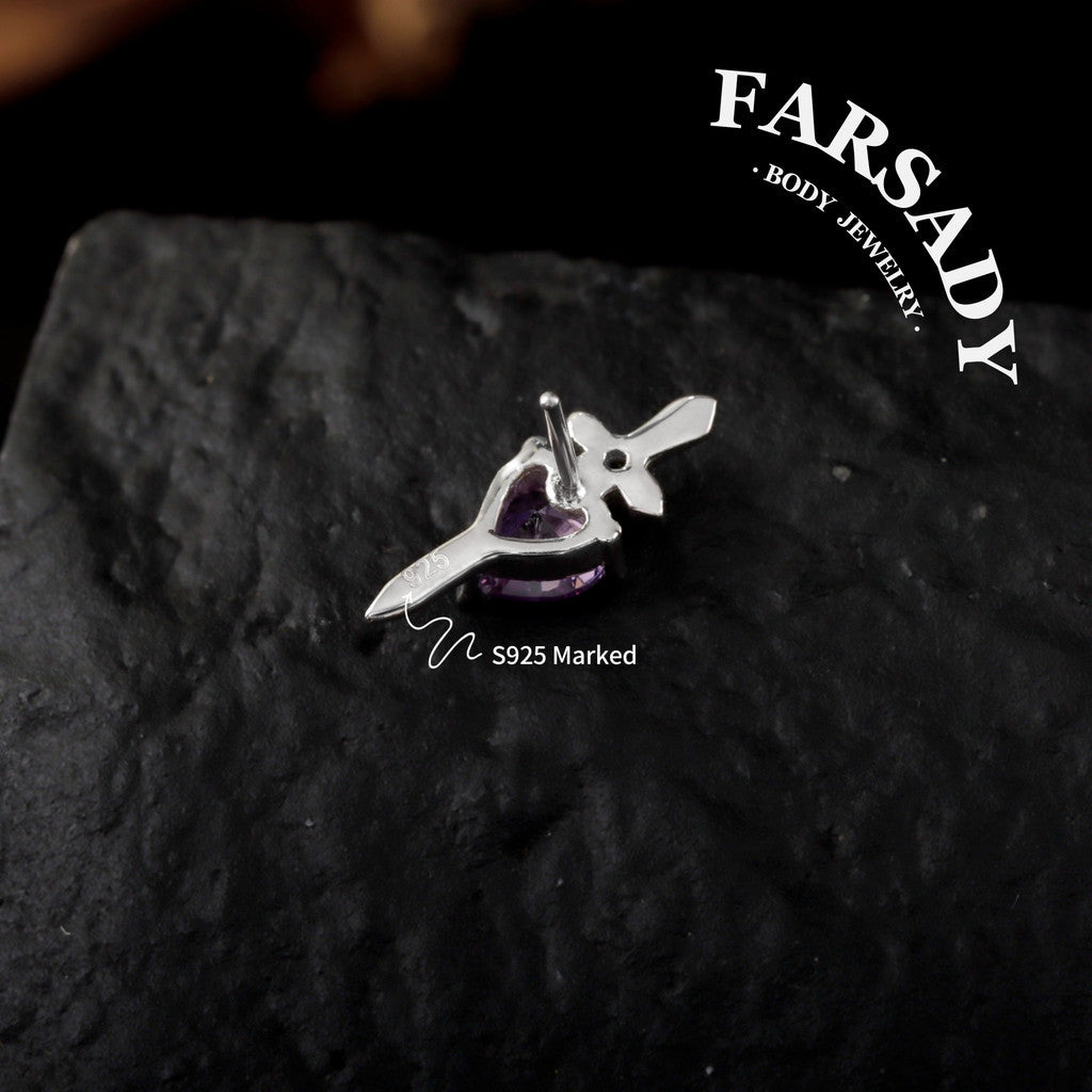 Mystic Amethyst Blade - Sterling Silver Push In Stud / Fits Cartilage Helix Tragus Earring  Nose Stud / Threadless Flat Back Piercing, Hypoallergenic Jewelry for Sensitive Skin