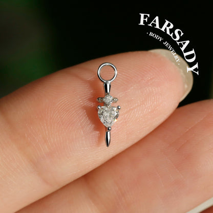 Pierced Heart Blade - 925 Silver Heart CZ Heart Dangle Charm / Interchangeable Hoop Earring Pendant for Helix Daith Cartilage Piercing