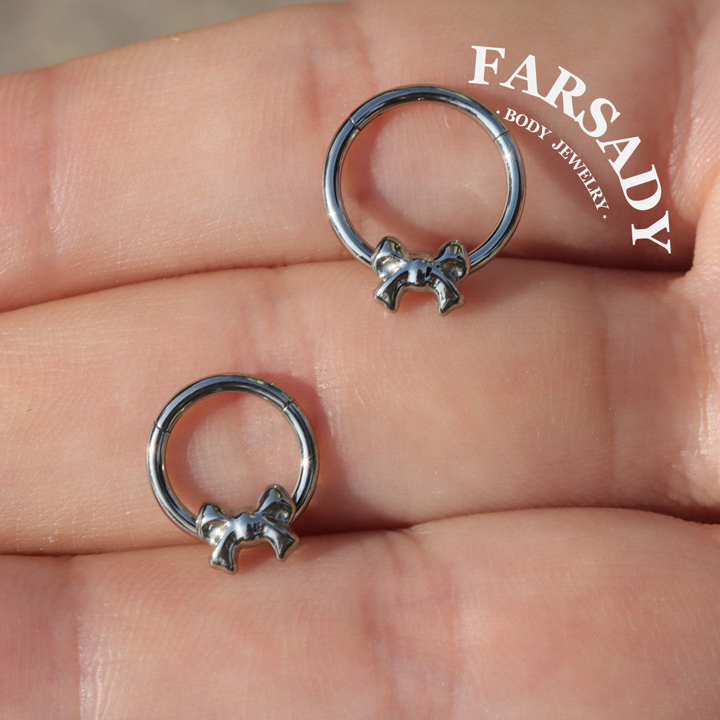 Silver Bow - ASTM F136 Titanium Hinged Clicker Hoop / Fits 16G Septum Ring Helix Conch Cartilage Earring