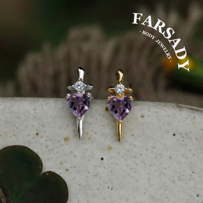 Amethyst Blade - Sterling Silver Push In Stud / Fits Cartilage Helix Tragus Lobe Earring  Nose Stud