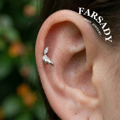 Silver Fin - 925 Silver Threadless Stud / Fits Cartilage Helix Tragus Lobe Nostril Piercing