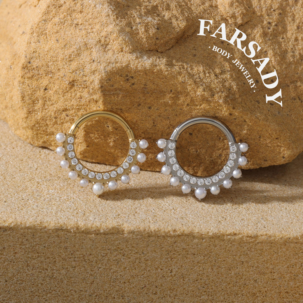 Pearl Fringe - F136 Titanium Hinged Clicker Hoop / Fits 16G Septum Ring Helix Conch Cartilage Earring
