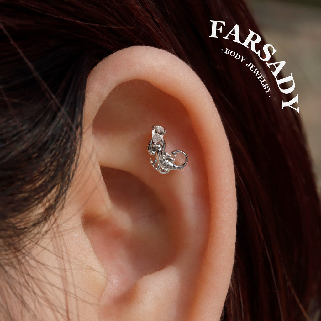 Sterling Silver Crimson Scorpion Helix Stud Threadless Push In  Earring 18K Gold Plated Tragus Conch Piercing Jewelry Hypoallergenic Piercing Minimal Cartliage Stud Gift Packaged