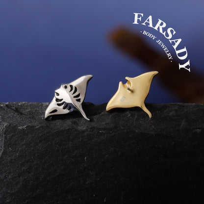 Manta Ray Cartilage Stud Earring /Threadless Push-In Flat Back /925 Sterling Silver or Plated Gold /Helix Tragus Conch Lobe Piercing Jewelry