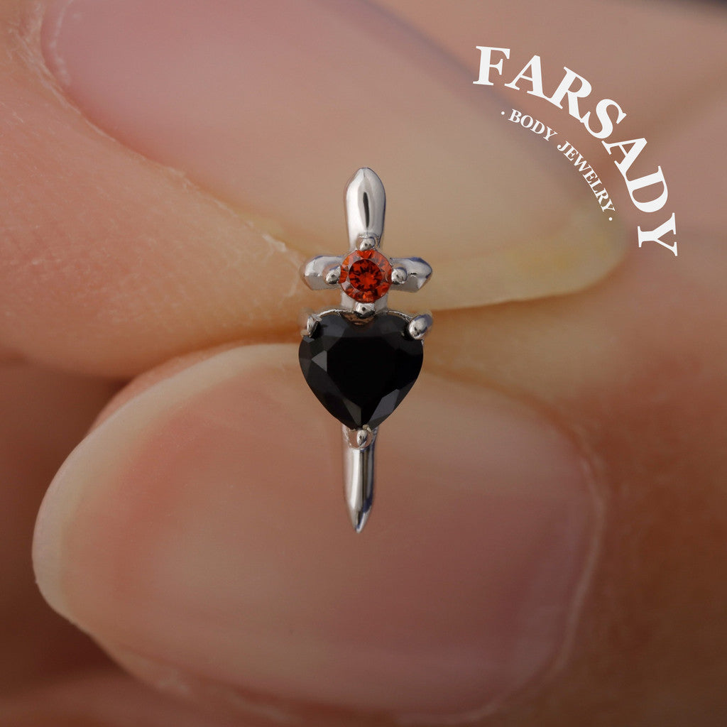 Obsidian Blade - Sterling Silver Push In Stud / Fits Cartilage Helix Tragus Lobe Earring  Nose Stud / Threadless Flat Back Piercing, Hypoallergenic Jewelry for Sensitive Skin