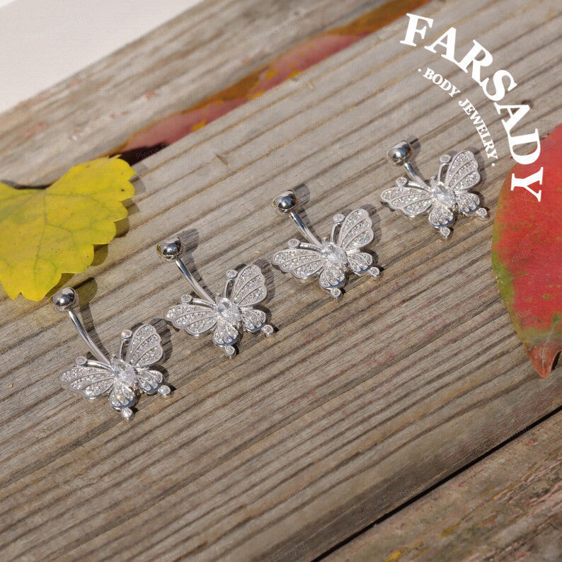 14G S925 Sterling Silver Butterfly Belly Button Ring 6mm-12mm Navel Body Piercing Jewelry Easy Insert Non Healed Piercing Friendly Daily Wear Gift Jewelry for Women