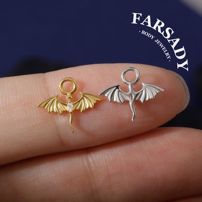 Fly Dragon White CZ Drop Hoop Earring Charm in Sterling Silver, Lobe/ Helix/ Rook Conch Hoop Charm, Belly Ring Dangle, Customize your style