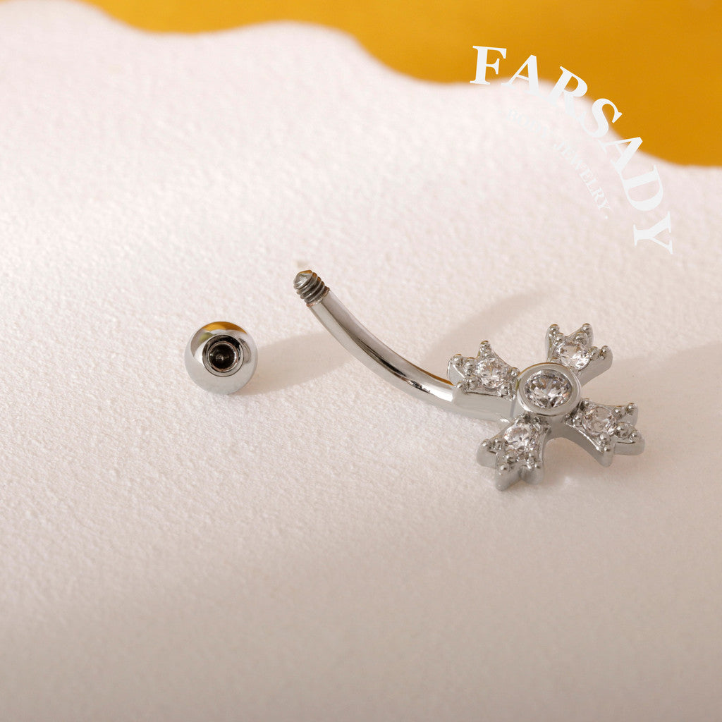 Four-Petal Star Cross - 316L Clear CZ Curved Barbell / Fits 16G Rook Daith Earring Lip Eyebrow Cartilage Piercing