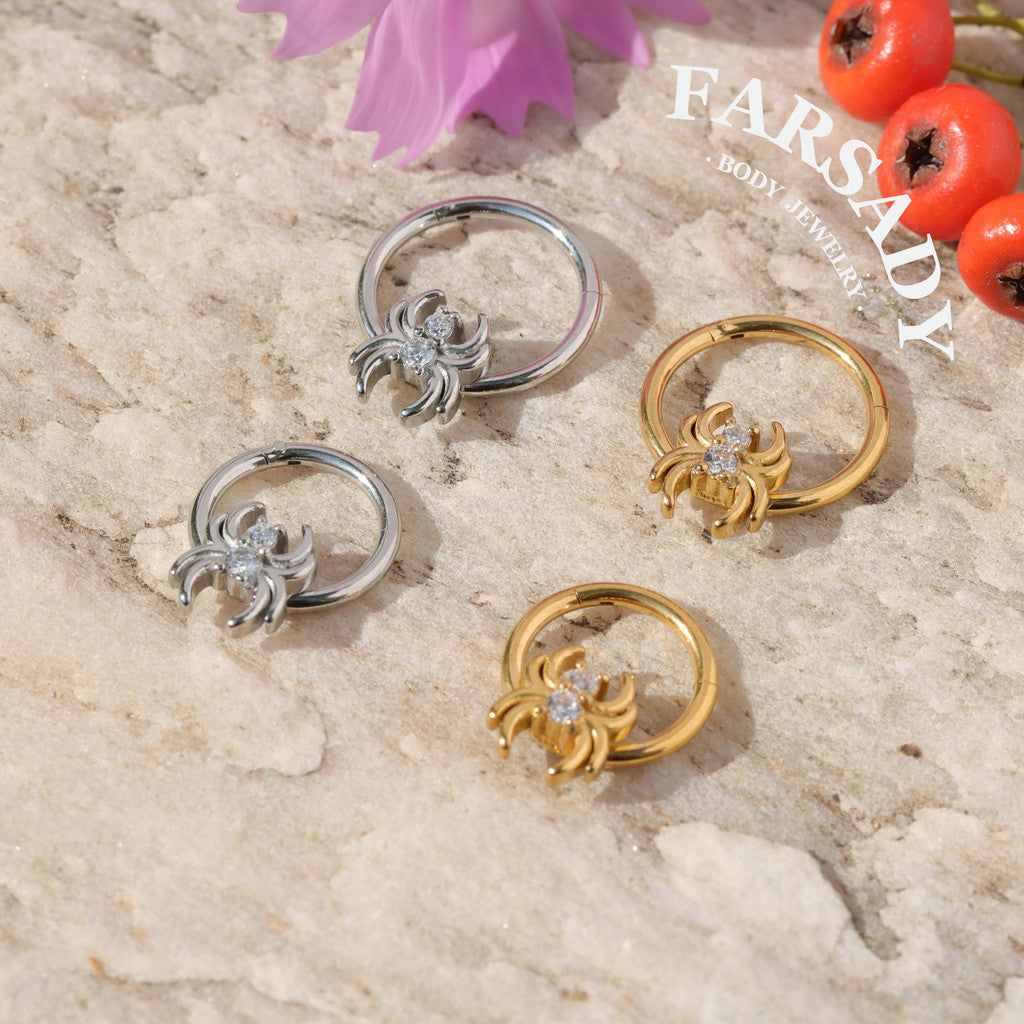Orb Spider - CZ Hinged Clicker Hoop / Fits 16G Septum Ring Helix Conch Cartilage Earring
