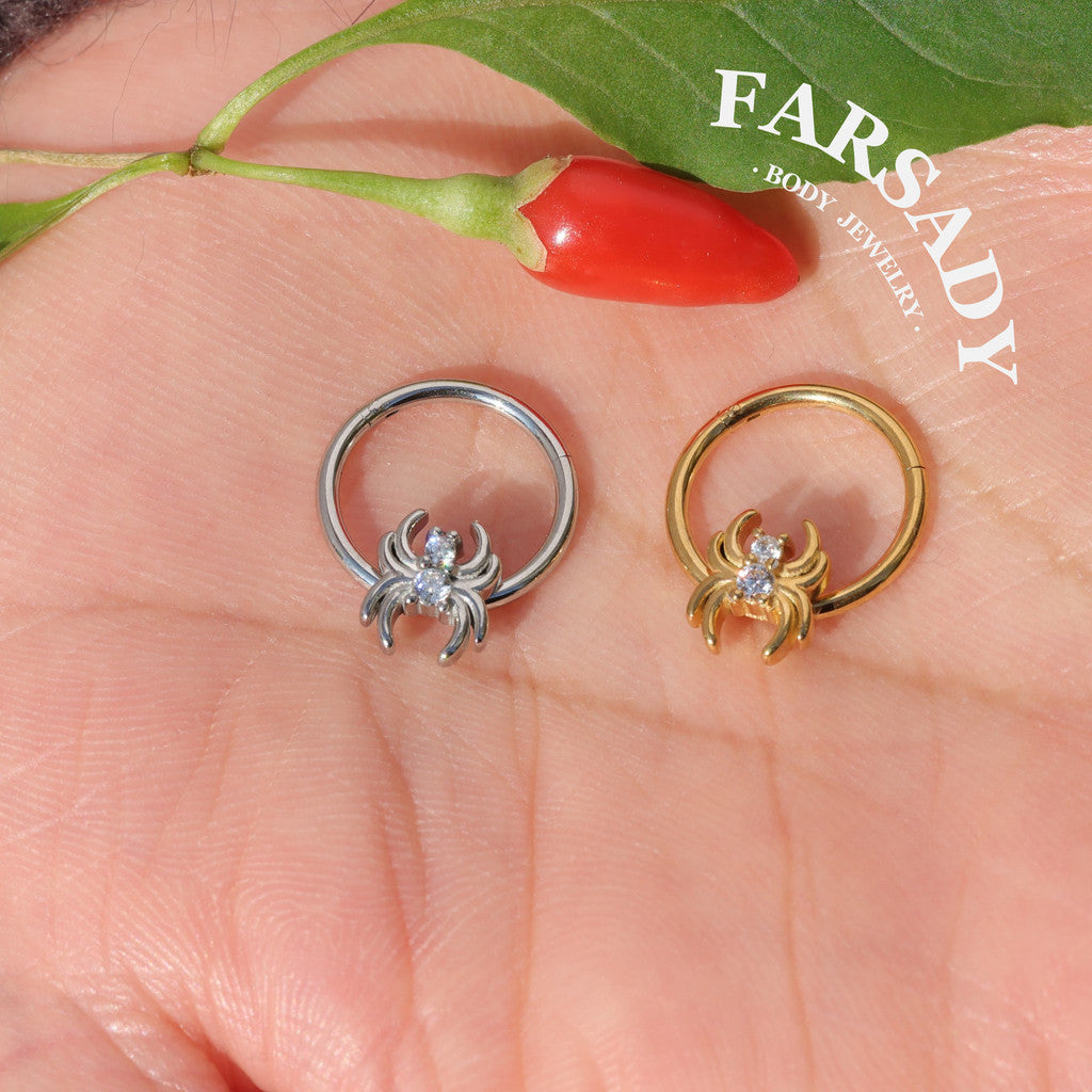 Orb Spider - CZ Hinged Clicker Hoop / Fits 16G Septum Ring Helix Conch Cartilage Earring