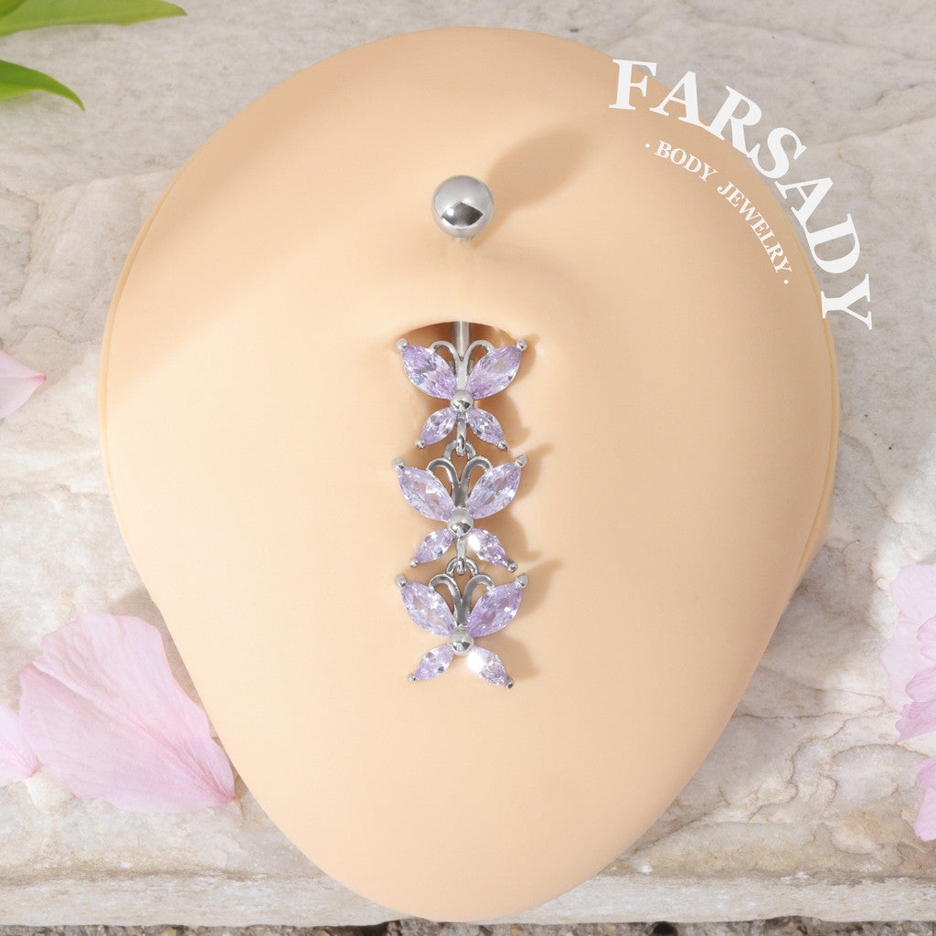 Lavender Butterfly Drift - 316L Purple CZ Belly Button Ring / Fits 14G Navel Piercing