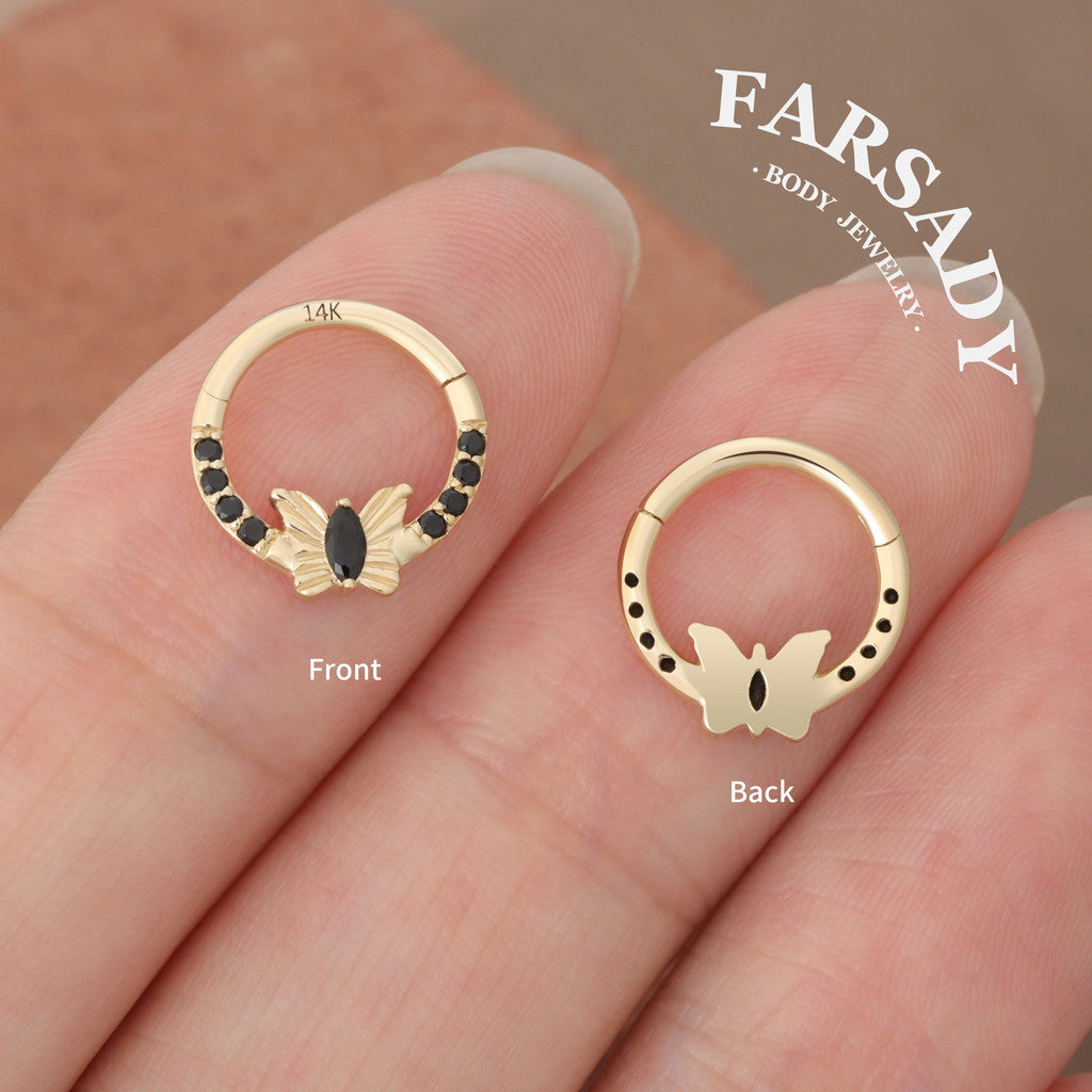 Noir Flutter - Solid 14K Gold Hinged Clicker Hoop / Fits 16G Septum Ring Helix Conch Cartilage Earring
