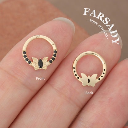 Noir Flutter - Solid 14K Gold Hinged Clicker Hoop / Fits 16G Septum Ring Helix Conch Cartilage Earring