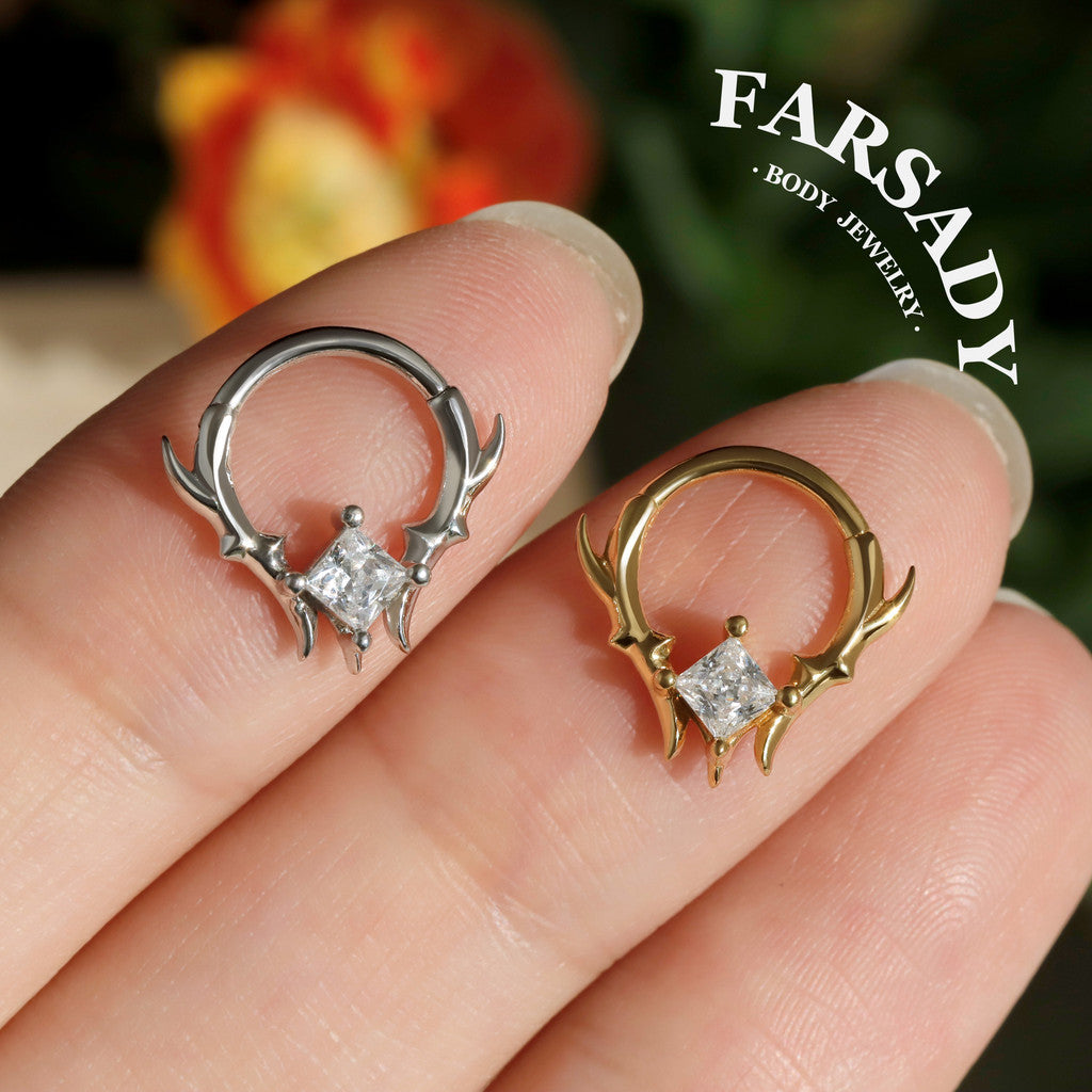 925 Sterling Silver Thorn Septum Clicker, 16G Princess Cut CZ Septum Ring, Gothic Daith Earring, Punk Nose Hoop, Silver & Gold Jewelry