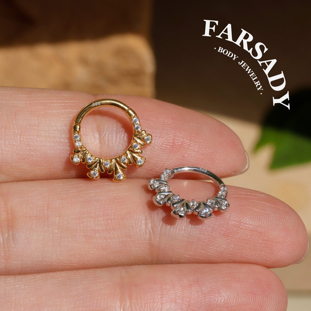 Peacock Tail Daith Hoop Earring: Sterling Silver Plated 18k solid gold, Hinged Septum Hoop Piercing Jewelry, Helix Tragus Cartilage Hoop