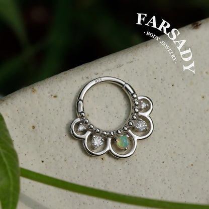 16G Nature Opal Flower Septum Ring,Real Opal Hinged Septum Clicker,925 Sterling Silver Plated 18k Gold,Gold Daith Earring Hoop,Helix Tragus Hoop