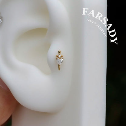 Valor Heart - Sterling Silver Push In Stud / Fits Cartilage Helix Tragus Lobe Earring  Nose Stud / Threadless Flat Back Piercing, Daily Wear Elegant Jewelry, Perfect for Gift
