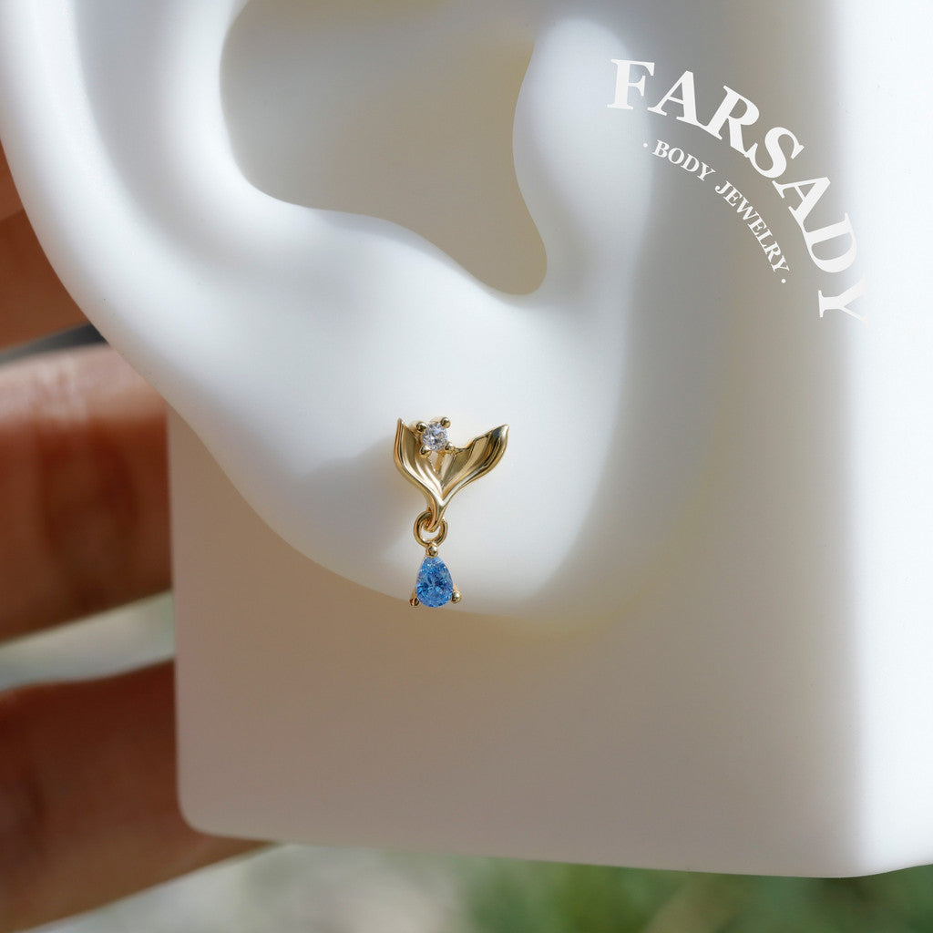Mermaid Legend Helix Stud Earring with Blue CZ Dangle, Sterling Silver Tragus Lobe Conch Piercing Jewelry, Titanium Flat Back Ear Stack