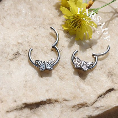 Etch Butterfly - ASTM F136 Titanium Hinged Clicker Hoop / Fits 16G Septum Ring Helix Conch Cartilage Earring