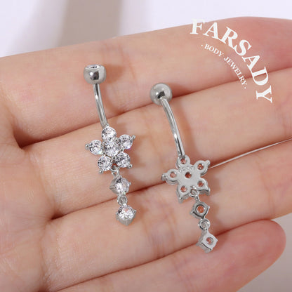 Snowflake Dew Trail - 925 Silver Clear CZ Belly Button Ring / Fits 14G Navel Piercing