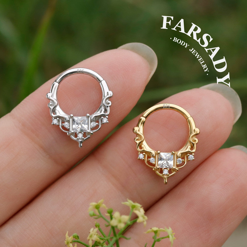 Byzantine Art Septum Ring Sterling Silver Plated 18k Gold/ 16G Hinged Septum Clicker/ 8mm Daith Hoop Earring/ Helix Tragus Piercing Jewelry