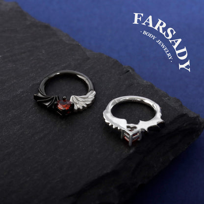 16G Angel Vs Devil Septum Ring S925 Sterling Silver Red CZ Heart Septum Jewelry Hinged Heart Daith Ear Hoop Gothic Helix Piercing Daily Wear Gift for Her