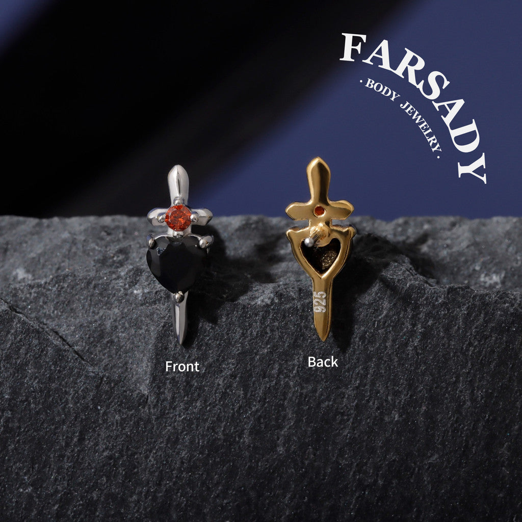 Obsidian Blade - Sterling Silver Push In Stud / Fits Cartilage Helix Tragus Lobe Earring  Nose Stud / Threadless Flat Back Piercing, Hypoallergenic Jewelry for Sensitive Skin