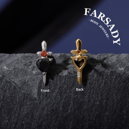Obsidian Blade - Sterling Silver Push In Stud / Fits Cartilage Helix Tragus Lobe Earring  Nose Stud / Threadless Flat Back Piercing, Hypoallergenic Jewelry for Sensitive Skin