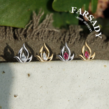 Pink Lotus Threadless Push In Helix Stud, Sterling Silver Cartilage Stud, Flat Back Titanium Post, Design Flower Tragus/ Lobe/ Lip Earring