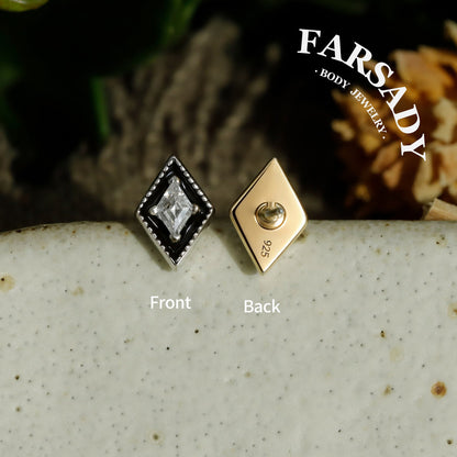 Rhombus Black Enamel CZ Tragus Studs, Sterling Silver Helix Piercing Earrings, Titanium Threadless Push Pin, Flat Back Minimalist Jewelry